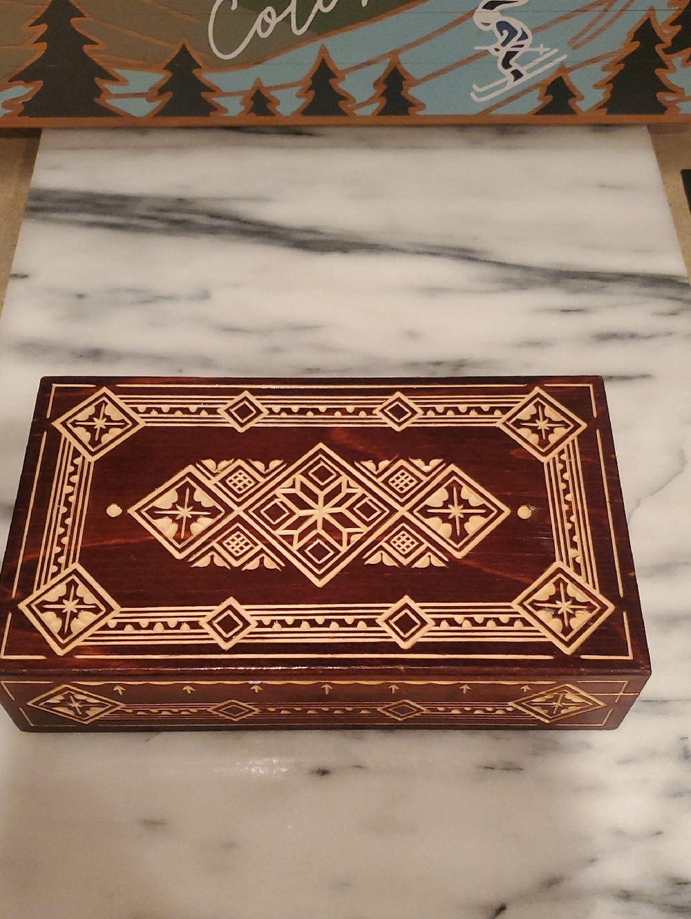 Carved Wood Keepsake Box - Brown & Cream